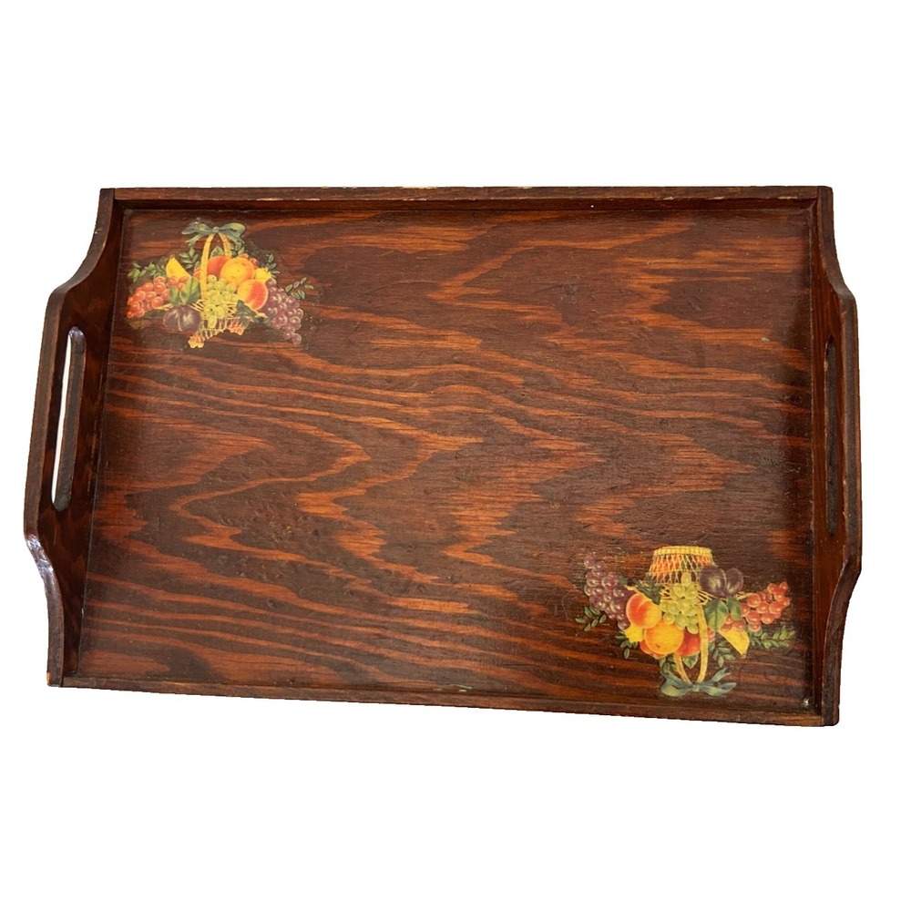 Vintage Handmade Solid Wood Tray Platter Handle Rectangle Fruit Rustic Farmhouse